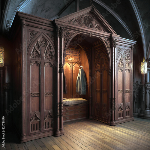 Wardrobe interior with wooden furniture in Gothic style in a castle.