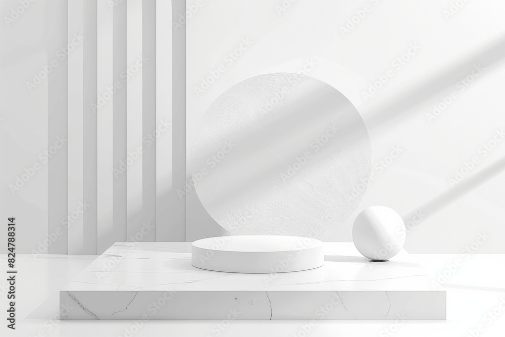 Empty white podium for promotion cosmetics from simple geometric forms. Empty Beauty product mockup. Scene to show products. AI generative Empty white podium for promotion cosmetics from simple geometric forms. Empty Beauty product mockup. Scene to show products. AI generative