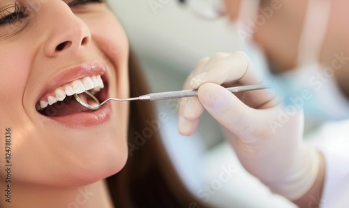  Close-up of female smile with white teeth during medical examination. Concept of tooth whitening  