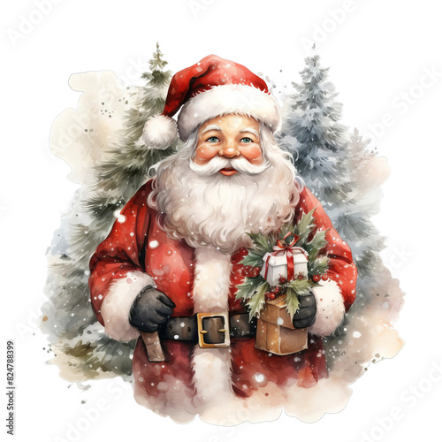 A Santa with a red suit and a white hat holding a box of presents on transparent background. Watercolor Christmas scene