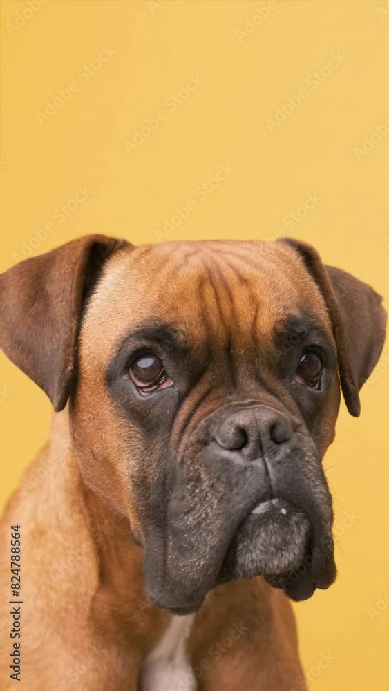 Cute boxer dog looking while standing over a yellow background Cute boxer dog looking while standing over a yellow background