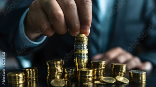 smart businessman investor holding coins piling up monthly, DCA, Dollar Cost Average investment strategy to put equal amount of money every month for more wealth and profit concept. photo
