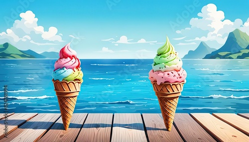 two ice cream on wooden desk with blue sea baclground photo
