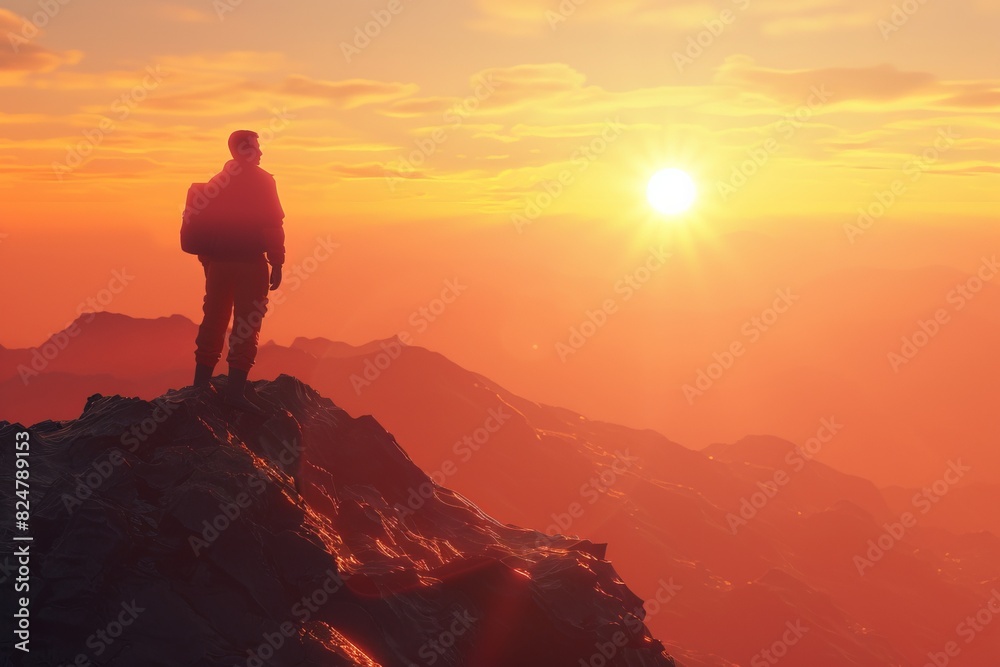 Silhouette of a man standing on the top of a mountain in the rays of sunset. Symbol of success, victory. AI generative