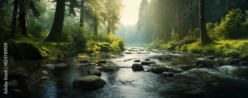 River flows through the forest in a beautiful natural landscape  generated ai