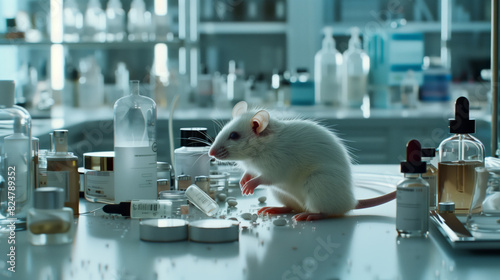 An albino white mouse sits on a table lined with various bottles and jars of cosmetics and perfumes. The action takes place in a scientific laboratory