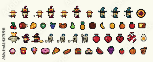 Food pixel art 80s style icons element design stickers, logo, mobile app, menu. Game assets 8-bit sprite sheet. Fast food, seafood, pastries, ice cream, meat, fruit vector illustration.