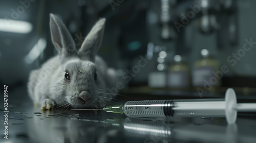 Animal tests. The rabbit is lying on the table next to the syringe. The rabbit is scared or nervous