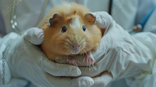 A veterinarian holds a cute guinea pig in his arms. A doctor in a white coat and white medical gloves is going to perform scientific experiments photo