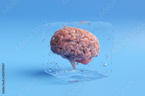 Human brain in a transparent ice cube on blue background. Illustration of the concept of cryonics, low temperature freezing and storage of brains and other remains