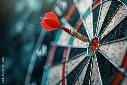 Dart in the middle of a bullseye reaching the target with good aim , success concept image