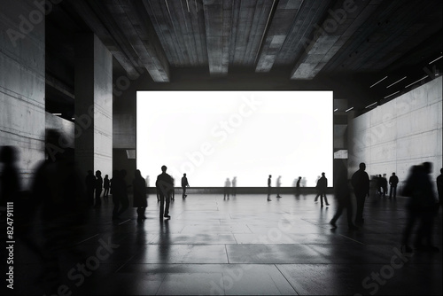 Digital screen billboard mockup in the event hall with people silhouettes, blank space to display your advertising or branding campaign