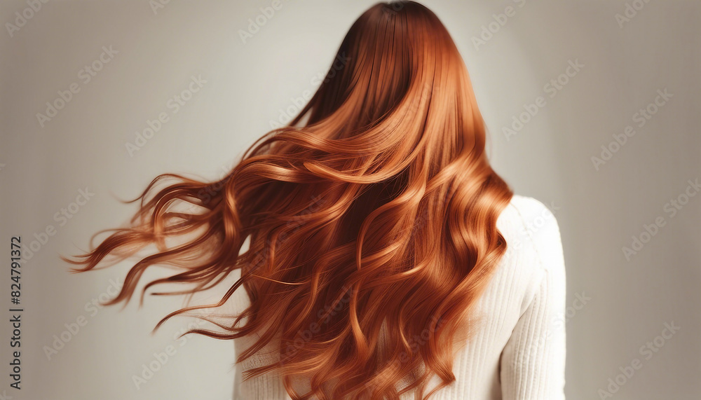 back view of copper colored long and wavy woman's hair, hair advertising shot, isolated white background
back view of copper colored long and wavy woman's hair, hair advertising shot, isolated white background