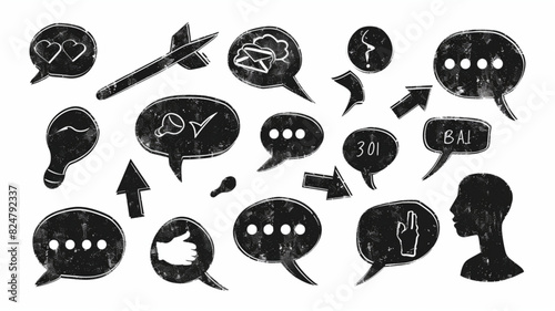  Doodle arrows and speech bubbles icon set isolated on white. 