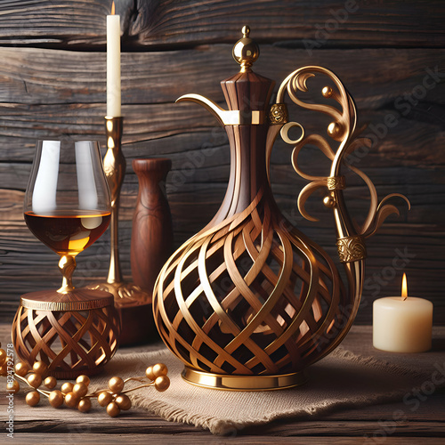 Elegant Wooden-Golden Wine Decanter: Enhance Your Wine Experience with Style photo