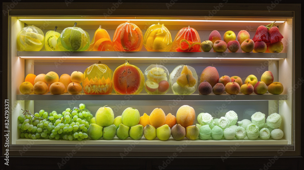 A variety of fruits neatly arranged in a display case