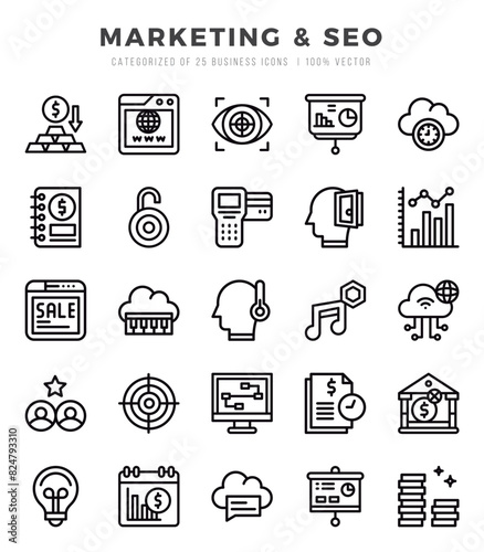Marketing & SEO Icons Pack. Lineal icons set. Lineal icon collection set.