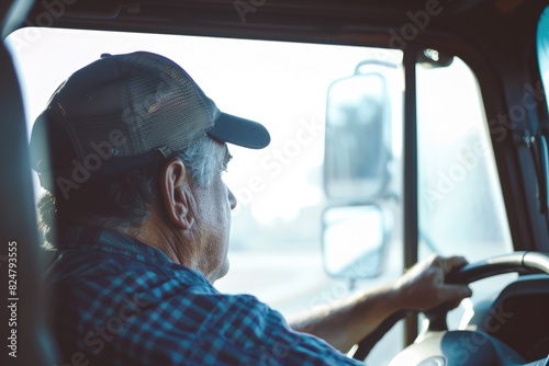 An adult truck driver is behind the wheel, driving their truck on the road, epitomizes the essential role of transportation and the skilled work of drivers in keeping goods moving photo