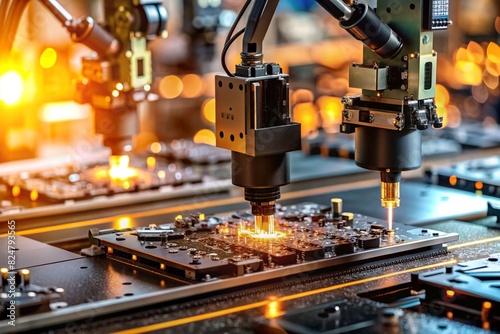 Automated production of electronic devices. Modern robotic manipulators on the assembly line of chips and printed circuit boards at a modern electronics factory. Installing components on the board.