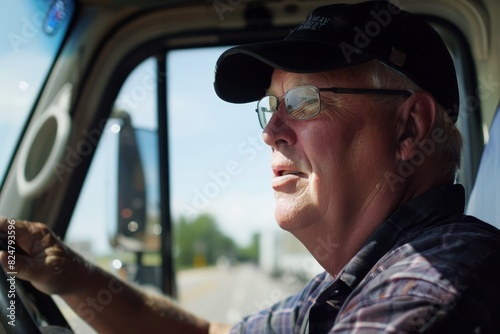 An adult truck driver is behind the wheel, driving their truck on the road, epitomizes the essential role of transportation and the skilled work of drivers in keeping goods moving