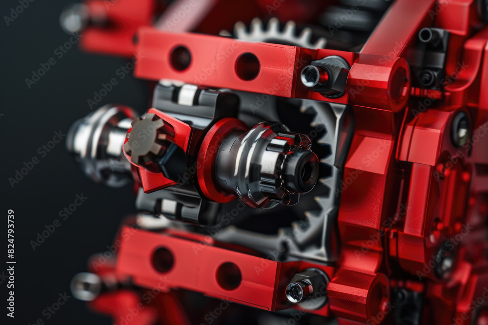 Fototapeta premium A detailed view of a red and black machine, showcasing intricate components and textures