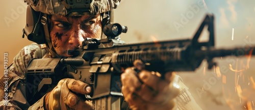 a special forces soldier with a focused gaze, aiming an assault rifle with precision and readiness, embodying strength and skill in combat photo