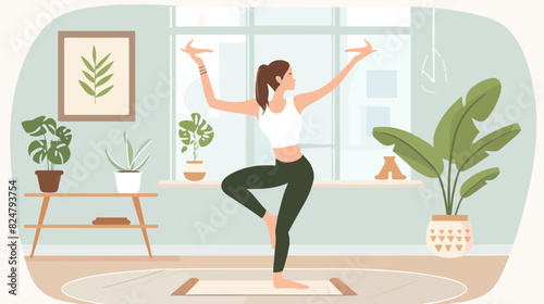 Woman in yoga pose. Balance exercise. Home stretching