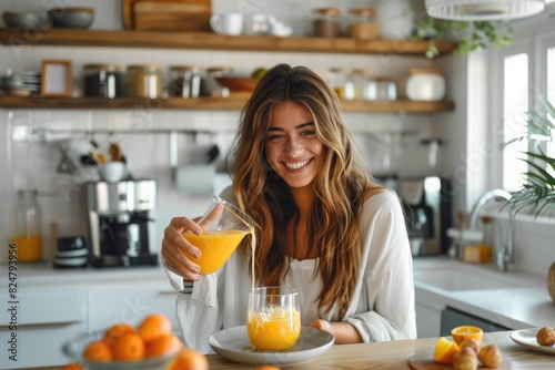 Young women pour orange juice
