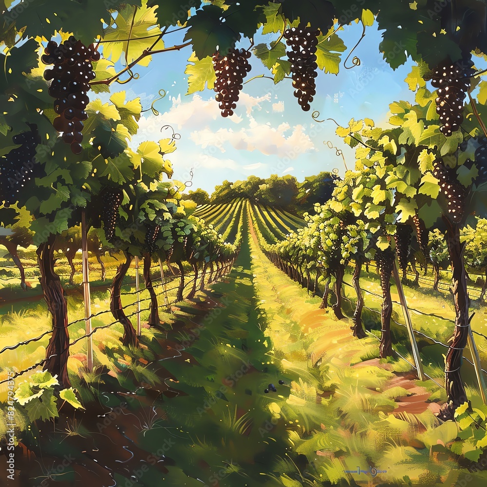 Fototapeta premium Beautiful vineyard with grapes hanging on the vine under sunlit foliage, showcasing the beauty of nature and agriculture.