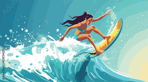 Woman on surf board. Extreme water sport character 