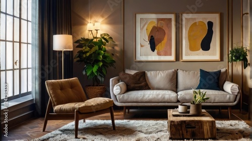 cozy and inviting atmosphere with a living room that exudes warmth and charm, complete with a soft shag rug, comfortable seating, and warm lighting photo