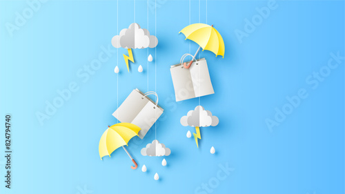 Rainy for sale. Monsoon sale Hanging. Rainy season for sale. paper cut and craft style. vector, illustration.