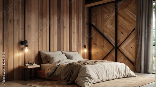 Wood bedside cabinet near bed with beige blanket. Farmhouse interior design of modern bedroom with lining wall and beam ceiling