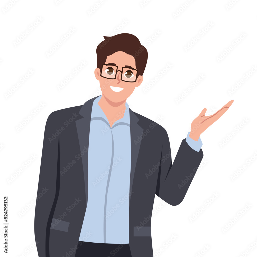 Young man doing greet pose and say hi, welcoming the audience. Flat vector illustration isolated on white background Young man doing greet pose and say hi, welcoming the audience. Flat vector illustration isolated on white background