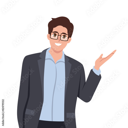 Young man doing greet pose and say hi, welcoming the audience. Flat vector illustration isolated on white background
