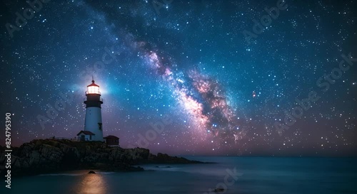 A lighthouse at night with a starry sky and a bright shining light.