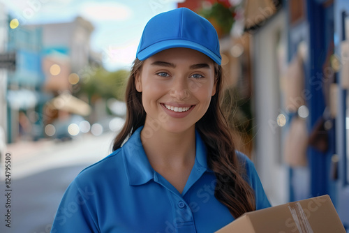 portrait of smiling young female delivery service worker in blue uniform with cap holding package on street