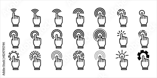 Finger, click, hand, pointer, buttons, touch, push, icon set. Click hand choise. Hand screen touch sensor outline icons editable stroke. Press, depress, pointer sign and symbol. hand cursor icon