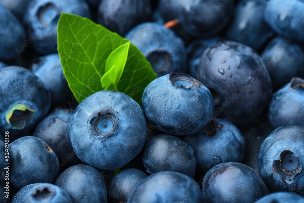 Fototapeta premium Close-up of juicy blueberries with a single bright green leaf, emphasizing freshness