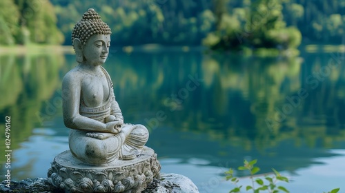 A serene Buddha statue in meditation by a calm lake  surrounded by lush greenery and a reflective water surface.