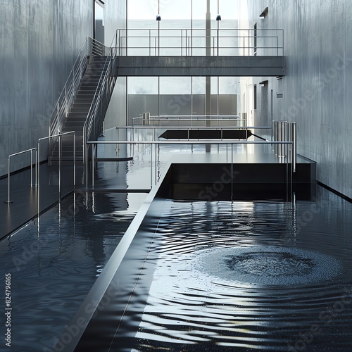 Modern architectural interior featuring minimalist design with reflective water pools, sleek metallic elements, and natural lighting.