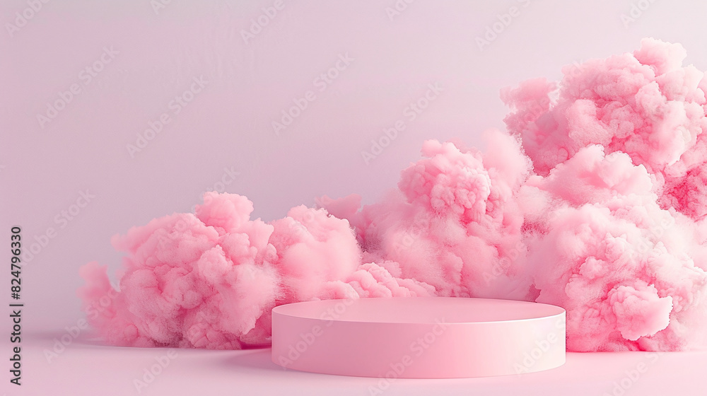 A product display stand with a background of pink and clouds. Ai generate. A product display stand with a background of pink and clouds. Ai generate.
