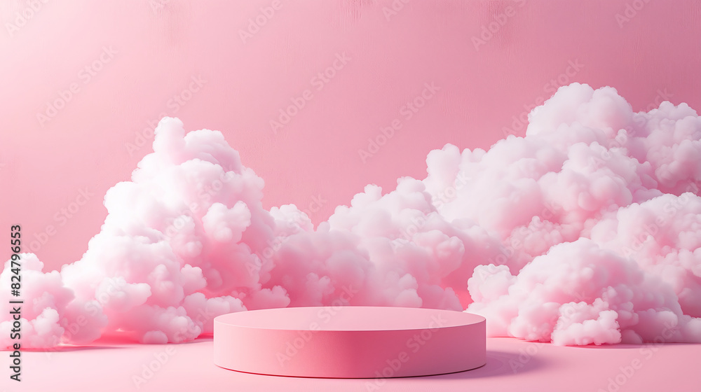 A product display stand with a background of pink and clouds. Ai generate. A product display stand with a background of pink and clouds. Ai generate.