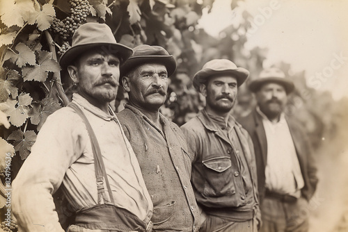 A 1920s-style black-and-white photo that looks like it was taken of farmers posing in a European vineyard.	