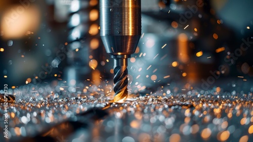 A close-up of a drill bit penetrating metal on a CNC machine, with sparks and metal shavings flying. photo