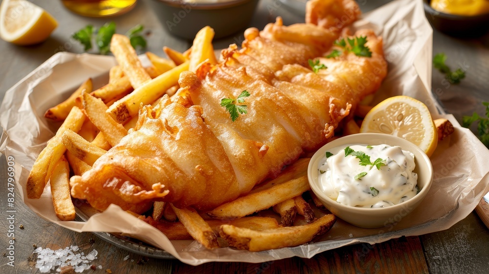 A traditional British fish and chips meal, featuring golden-brown battered fish fillets, crispy fries, and a side of tartar sauce. A traditional British fish and chips meal, featuring golden-brown battered fish fillets, crispy fries, and a side of tartar sauce.