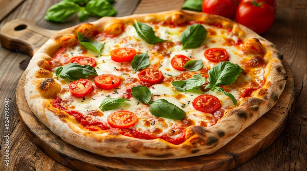 A traditional Italian pizza margherita, with a perfectly baked crust, melted mozzarella, fresh tomatoes, and basil leaves, placed on a wooden pizza board.