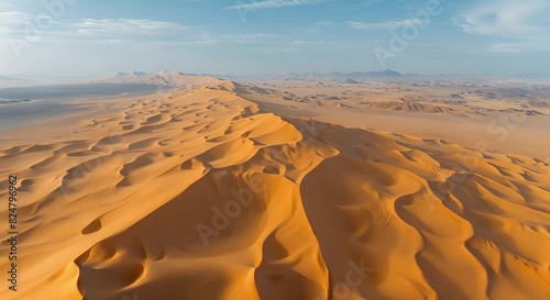 A vast aerial view of a desert landscape with rolling sand dunes and a mountain range in the distance. photo