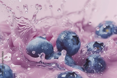Close-up of blueberries with dynamic splash in a pink milkshake-like liquid