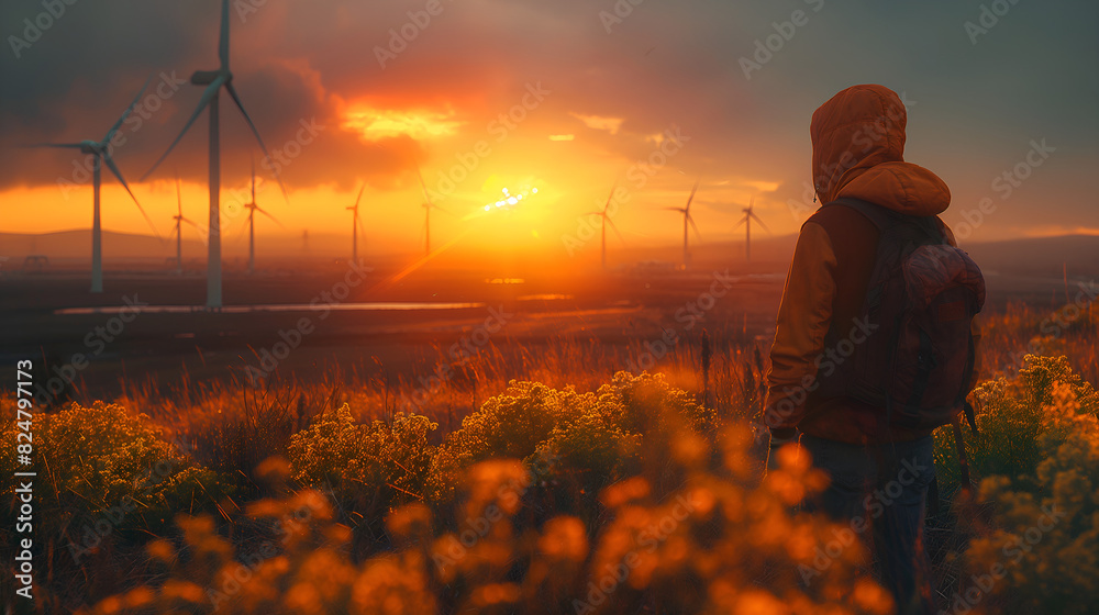 Wind Turbine Sunset: A lone figure silhouetted against the fiery backdrop of a sunset, contemplating the future of energy and the promise of clean power. The wind farm stretches across the horizon. Wind Turbine Sunset: A lone figure silhouetted against the fiery backdrop of a sunset, contemplating the future of energy and the promise of clean power. The wind farm stretches across the horizon.